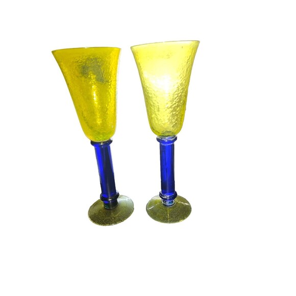 Vintage Rare Yellow/Cobalt Blue Goblets Hand Blown, Set of 2. 9" - Picture 1 of 1